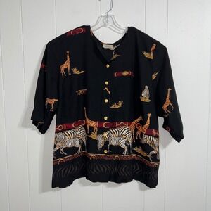 Teddi Woman Black Safari Animal Print Button Up Short Sleeve Blouse Western